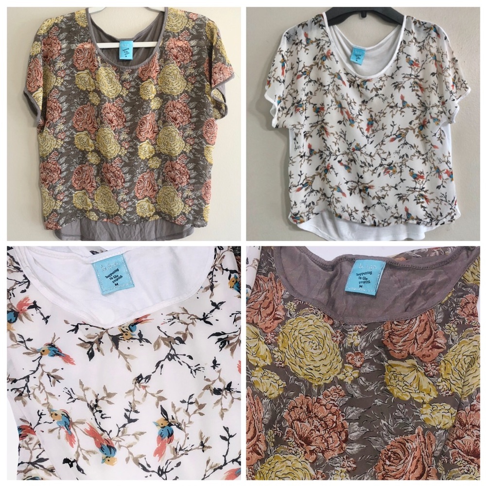 hip Semi Sheer Boxy Tops M Novelty Print Birds Floral Flowy Short Sleeves